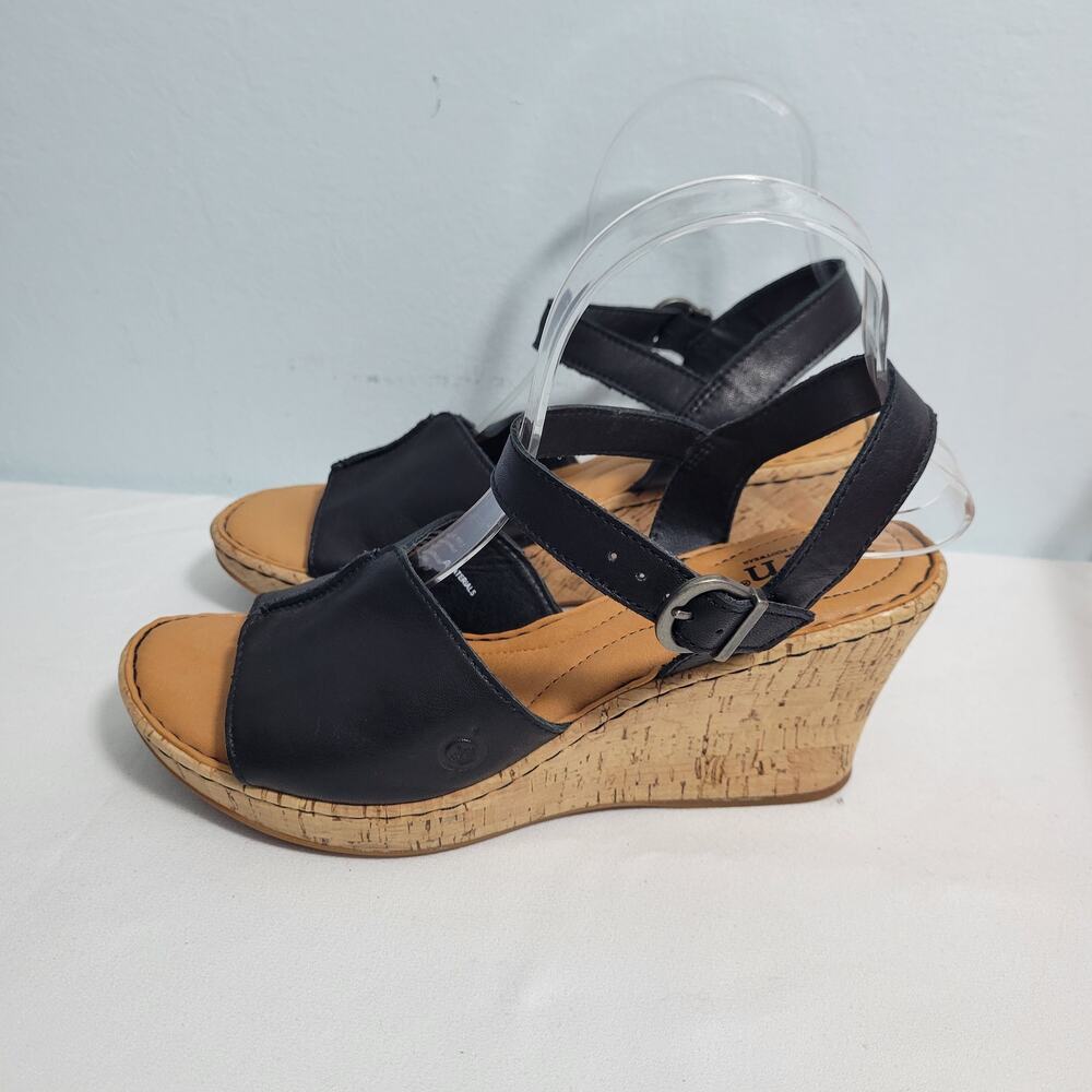 Born Agnio Women's Black Leather Cork Wedge Sandals Size 9M 81825-2788 - Picture 2 of 6